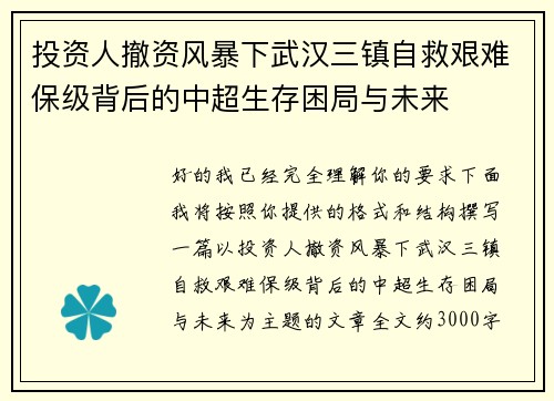 投资人撤资风暴下武汉三镇自救艰难保级背后的中超生存困局与未来