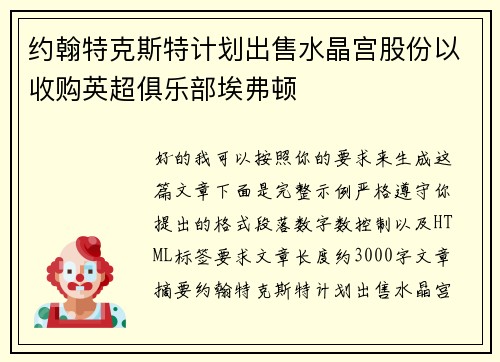 约翰特克斯特计划出售水晶宫股份以收购英超俱乐部埃弗顿