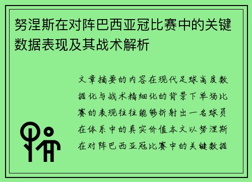 努涅斯在对阵巴西亚冠比赛中的关键数据表现及其战术解析 努涅斯在对阵巴西亚冠比赛中的关键数据表现及其战术解析