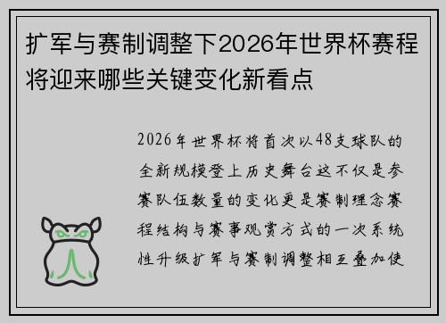 扩军与赛制调整下2026年世界杯赛程将迎来哪些关键变化新看点 扩军与赛制调整下2026年世界杯赛程将迎来哪些关键变化新看点