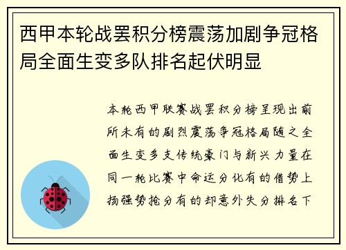 西甲本轮战罢积分榜震荡加剧争冠格局全面生变多队排名起伏明显